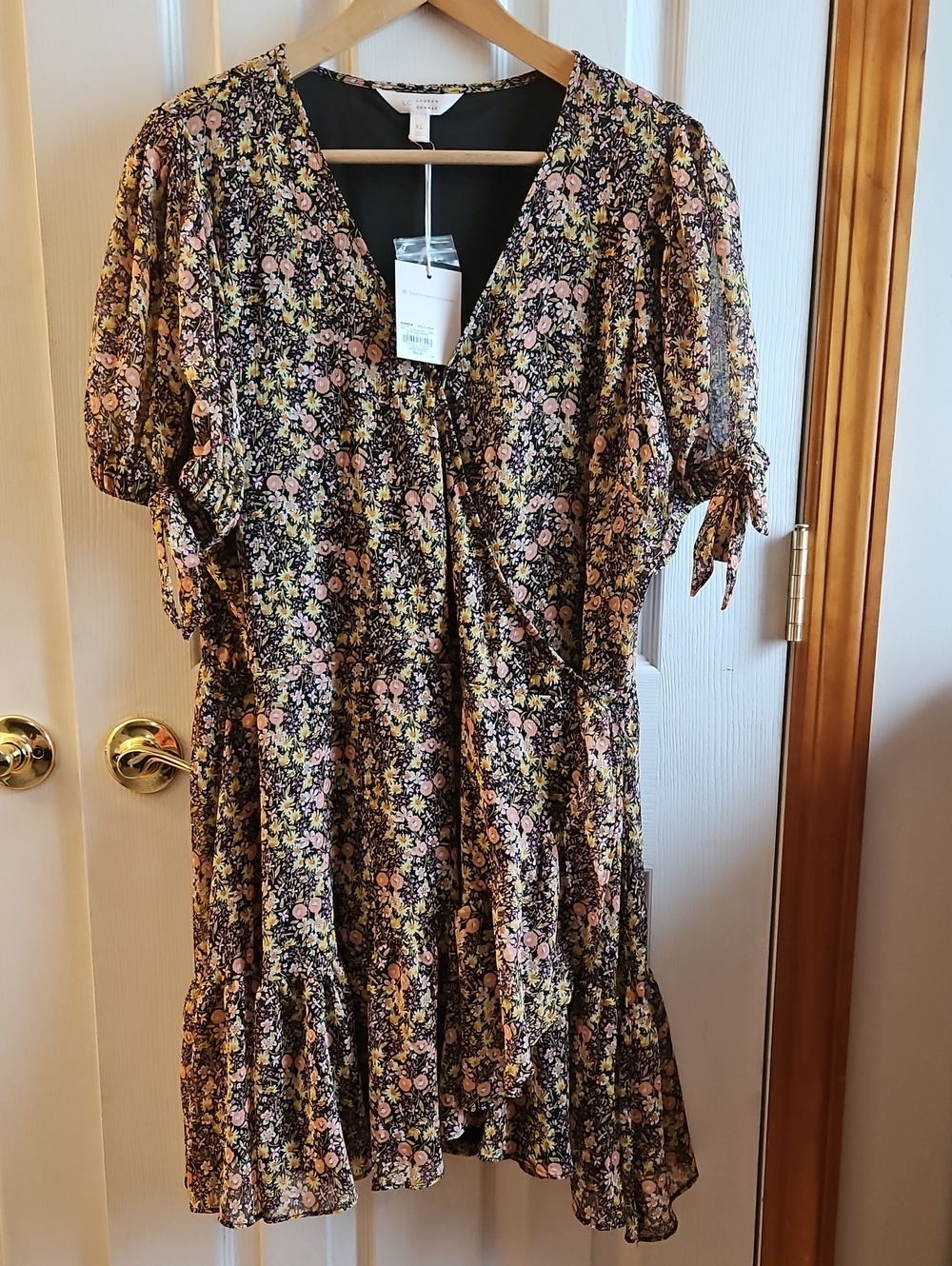 LC Lauren Conrad Black Floral Wrap Mini Dress with Pink & Yellow Blossoms